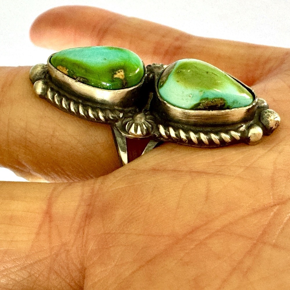 Navajo Sonoran Gold Turquoise Ring 2 Stone Size 7 Signed Shakey Long Sterling - Picture 5 of 7